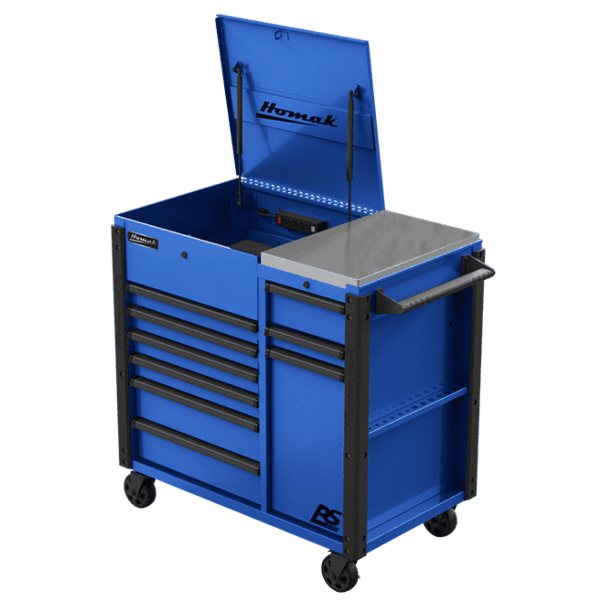 Homak, RS Pro, 44" 9 Drawer Power Service Cart, Blue, Heavy-duty 18-gauge steel, Model #BL06044090